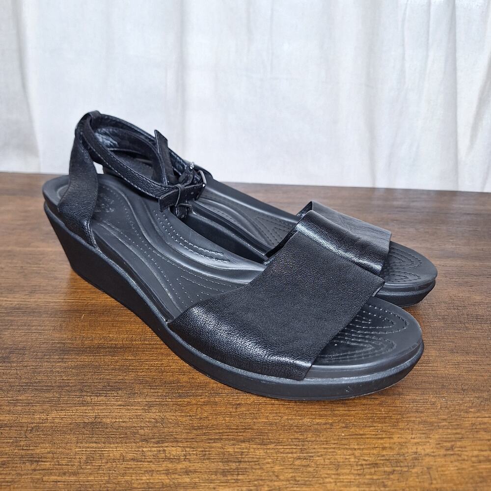 Crocs Women's Leigh-Ann Ankle Strap Leather Wedge Sandals in black comfort 11 - Picture 4 of 9